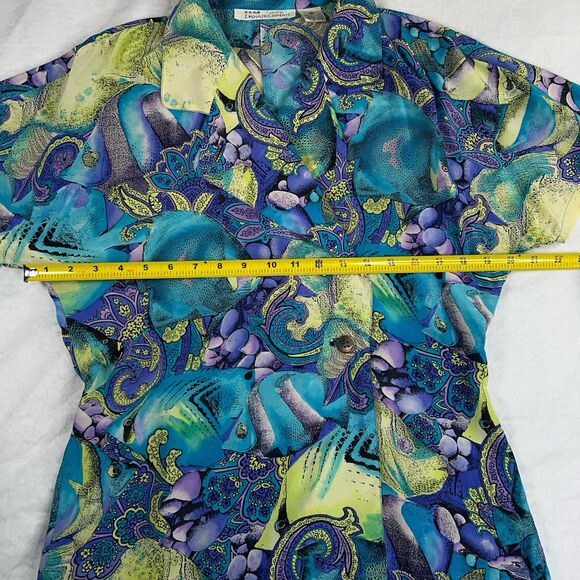 Vintage Silk Top Women's Sz 8 Tropical Ocean Fish Floral Paisley MISSING BUTTONS - Picture 12 of 16